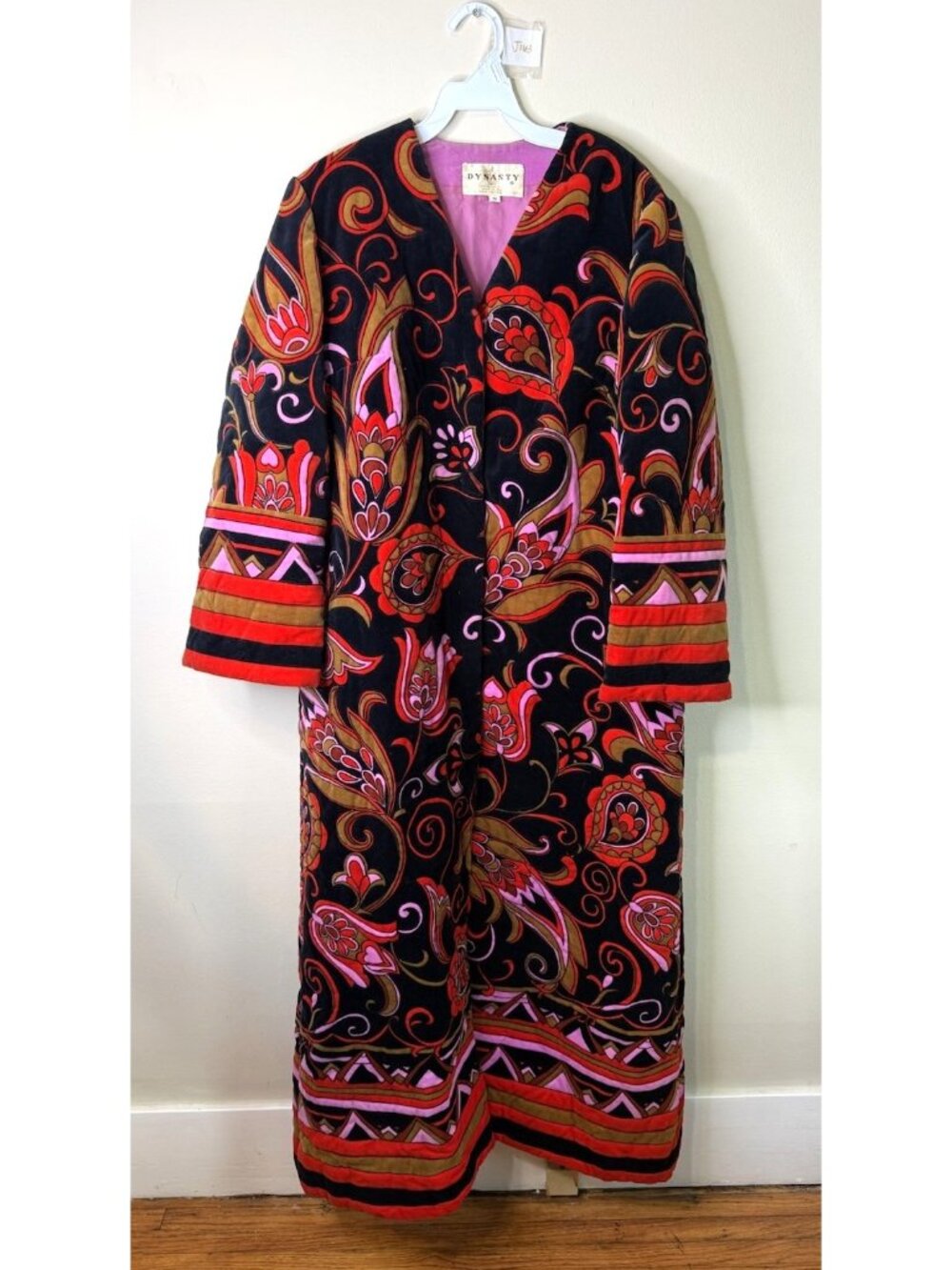 Vintage 70s House Coat Robe Mandarin Velour Quilted Velvet